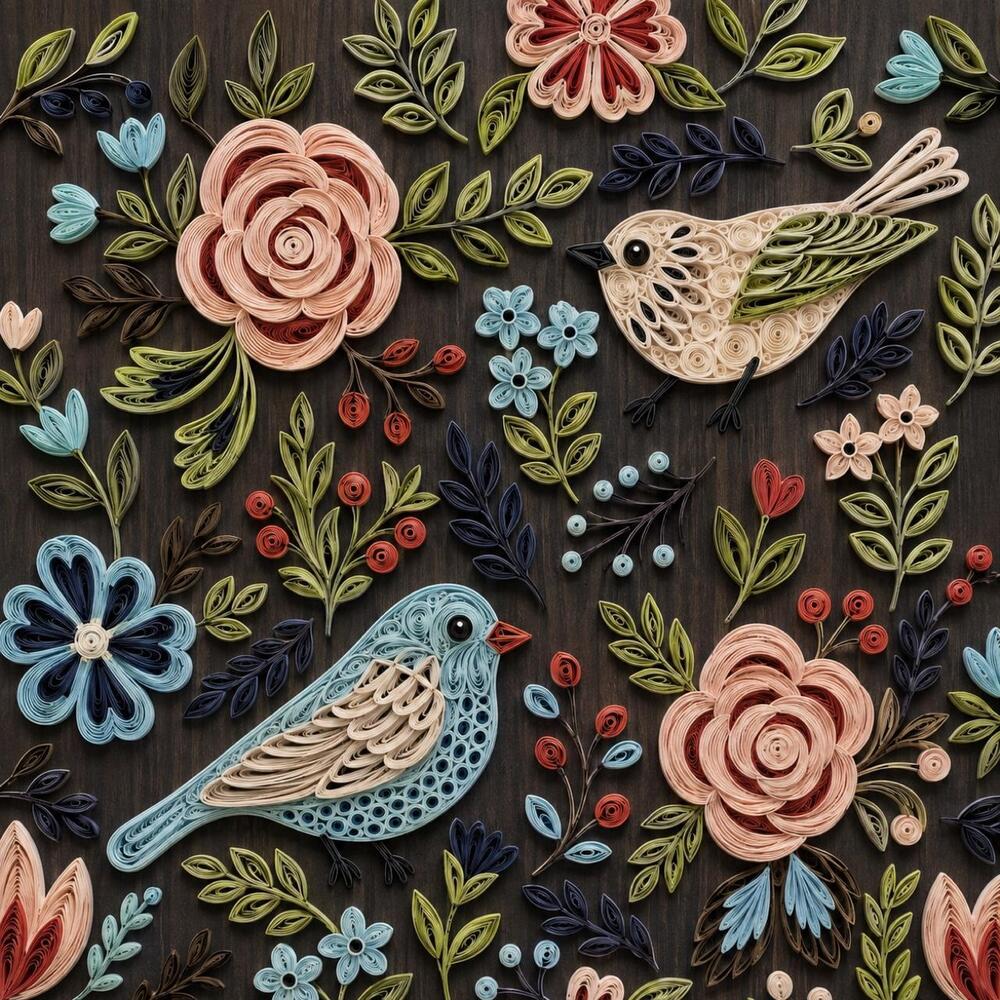 8x8 Black Framed Quilled Birds and Floral Print